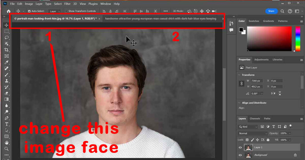 Firstly, import two images in photoshop. one image that you want to change the face and one what face applies on that face.