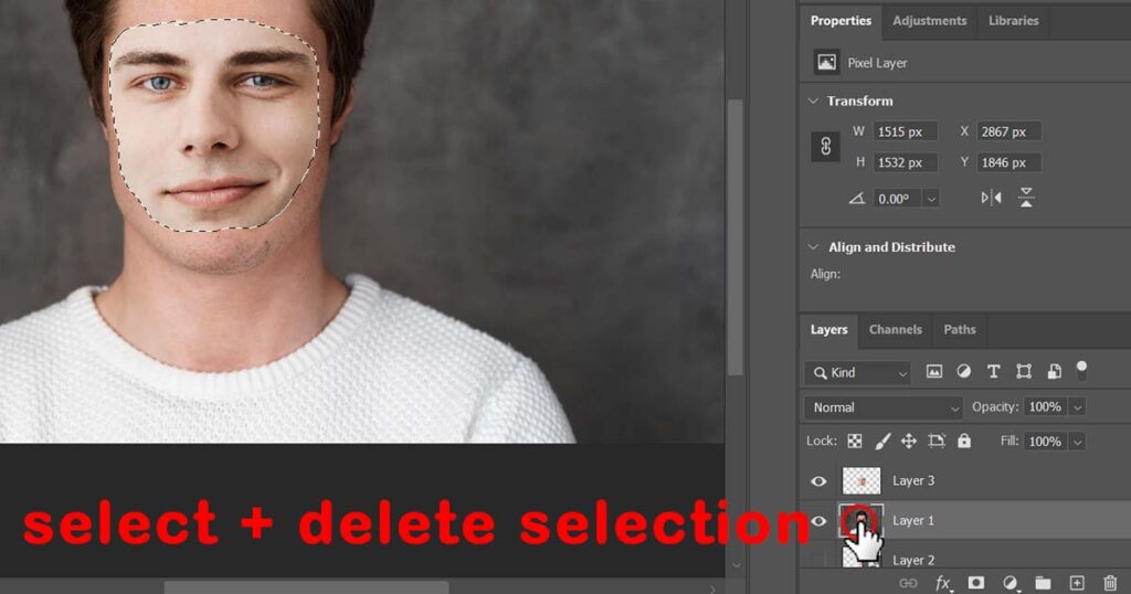 Choose the original image layer and press "Delete" to remove the selection. 