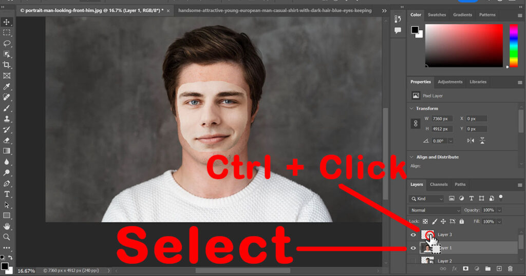 Now, select the original image layer and press CTRL+Click on the thumbnail of the selection layer to choose pixels.