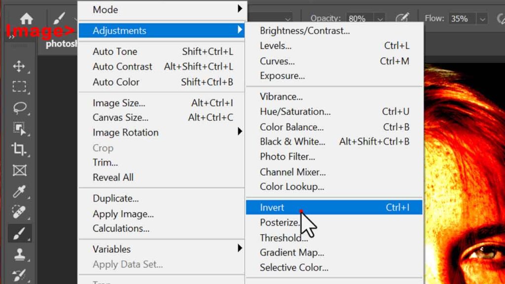 4.Now, navigate to Image Menu > Adjustment > Invert and select it.