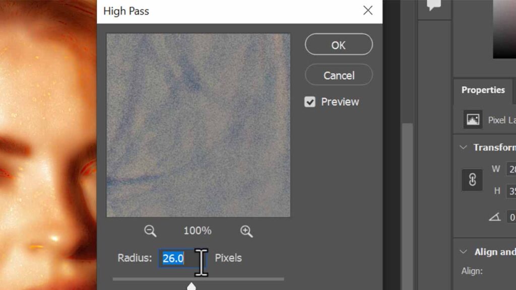 6.Adjust the High Pass value to set the Radius at 26 pixels, then click OK