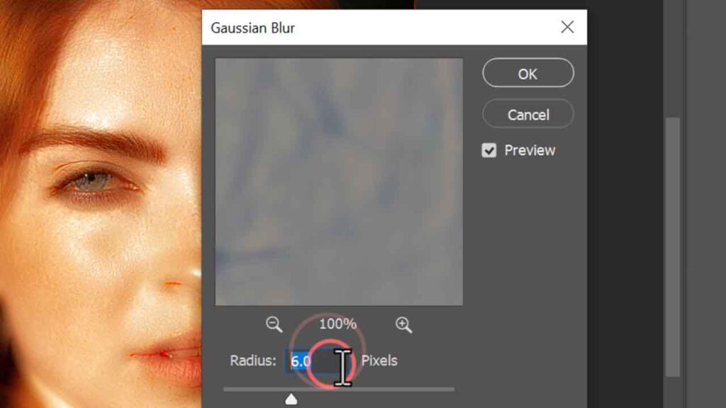 8.set the radius to 6 pixels of Gaussian Blur, and click OK.