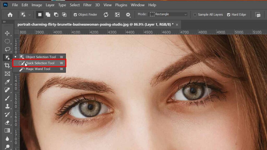 Use the quick selection tool to meticulously choose the areas around each eye individually, mirroring the reference image provided.